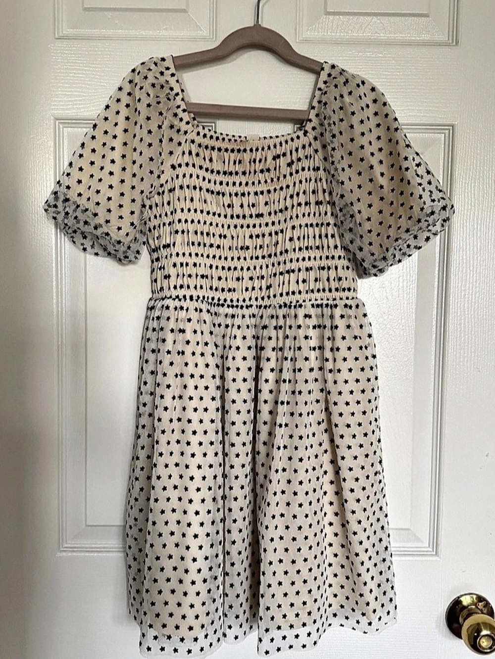 JCrew Crewcuts Star Print Smocked Mini Dress in Cream & Black Size 10